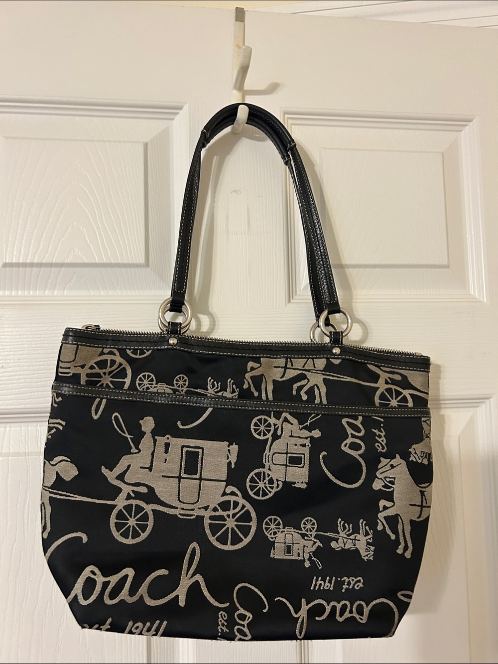 Coach Black Tote with Beige Carriage Print